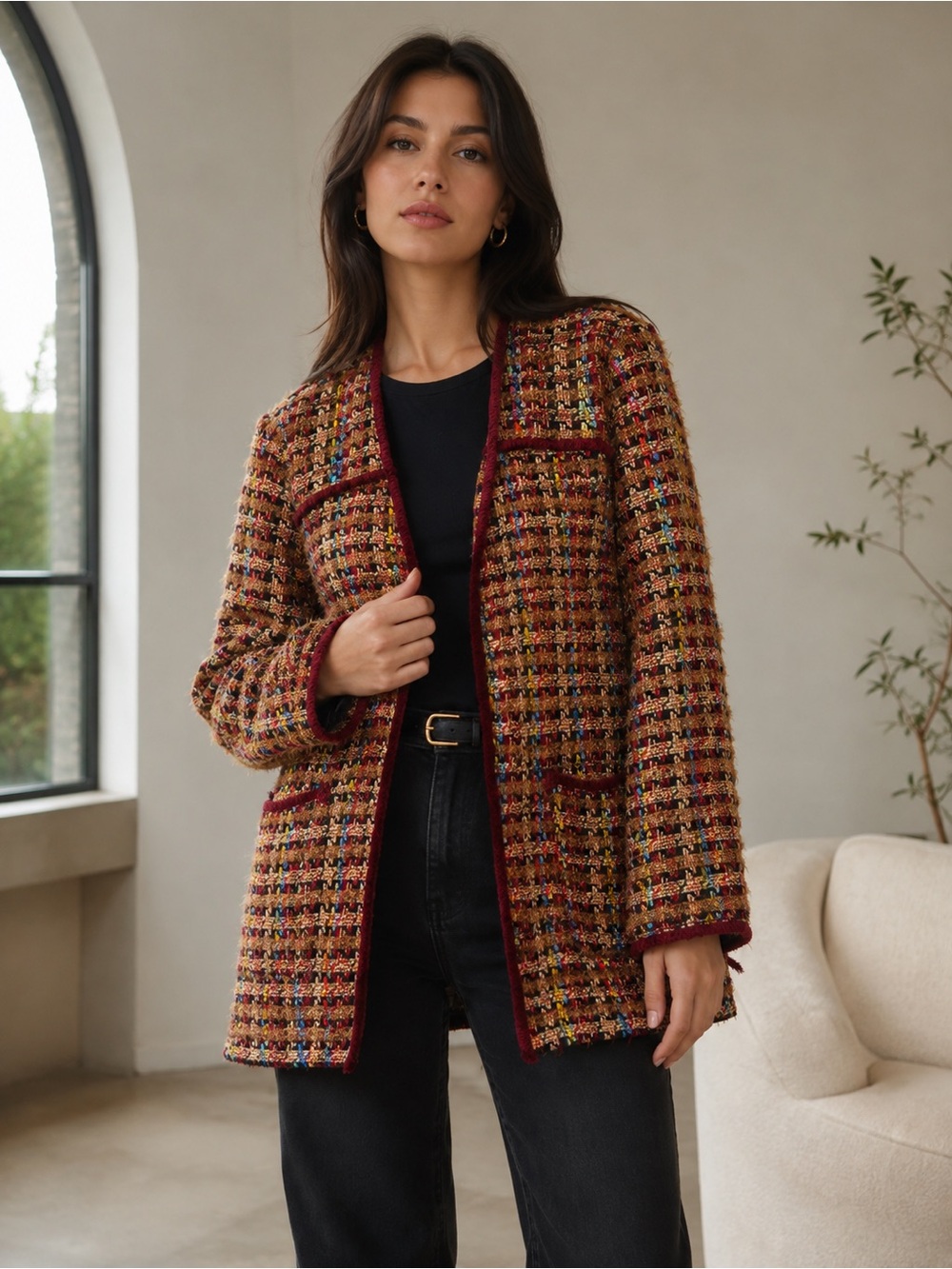 Ett:twa by Anthropologie Multicolor Tweed Fringe Blazer Jacket XL Wool Blend